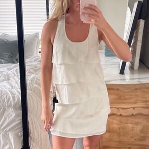 Vintage Y2K Criss Cross Cream Boho Chic Fishtail Layered Mini Shift Dress Small